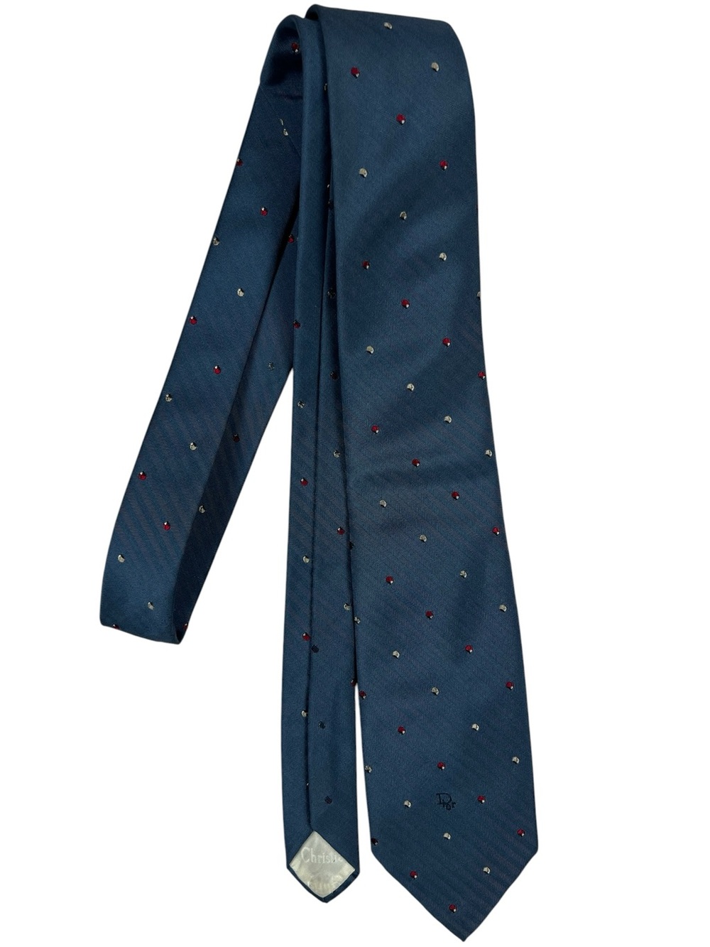 Christian Dior Vintage Blue Herringbone Novelty Dot Necktie Monogram Made USA OS